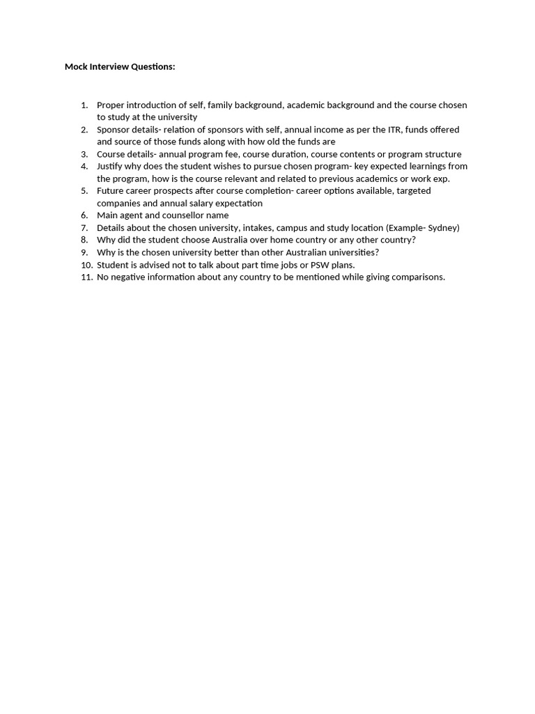 Essential Mock Interview Questions for Students | PDF