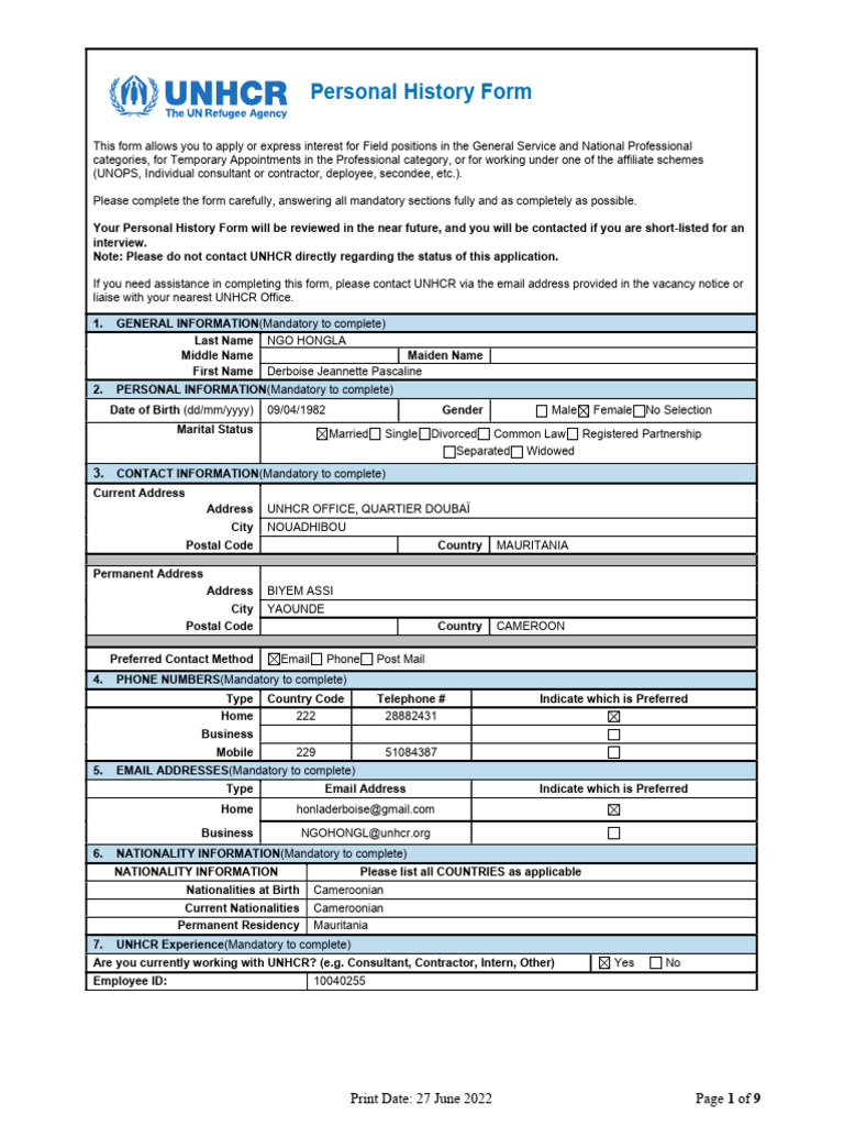 Personal History Form for UNHCR Application | PDF | Academic Degree ...