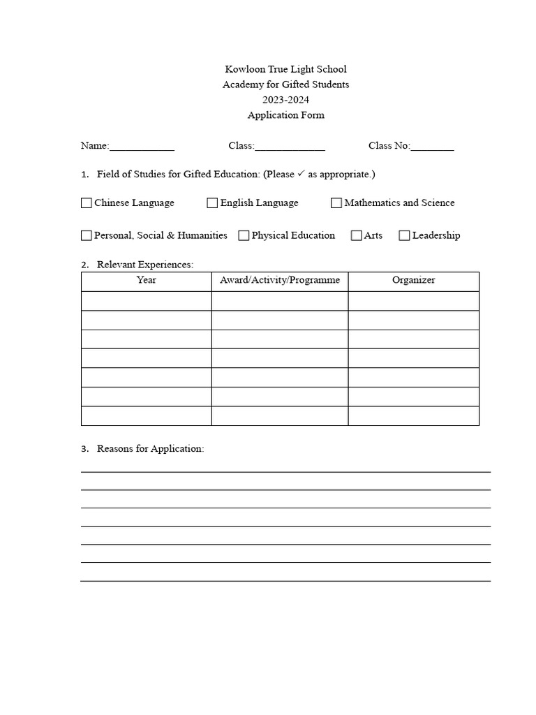 Application Form Academy For Gifted Students | PDF