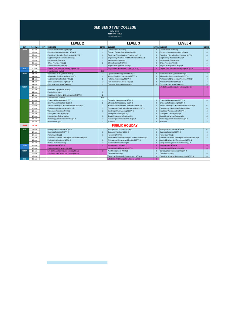 Sebokeng Test 2 TimeTable and Rules | PDF