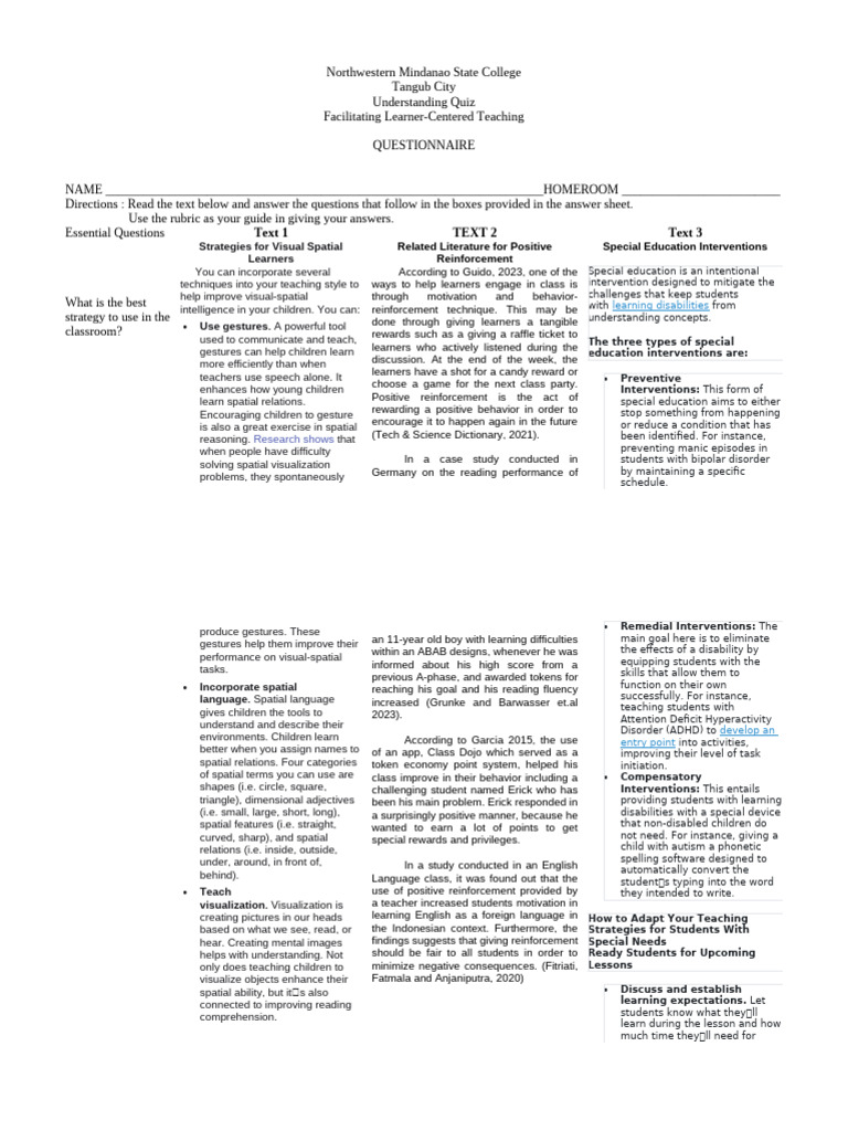 formative-understanding-worksheet | PDF | Learning | Cognitive Psychology