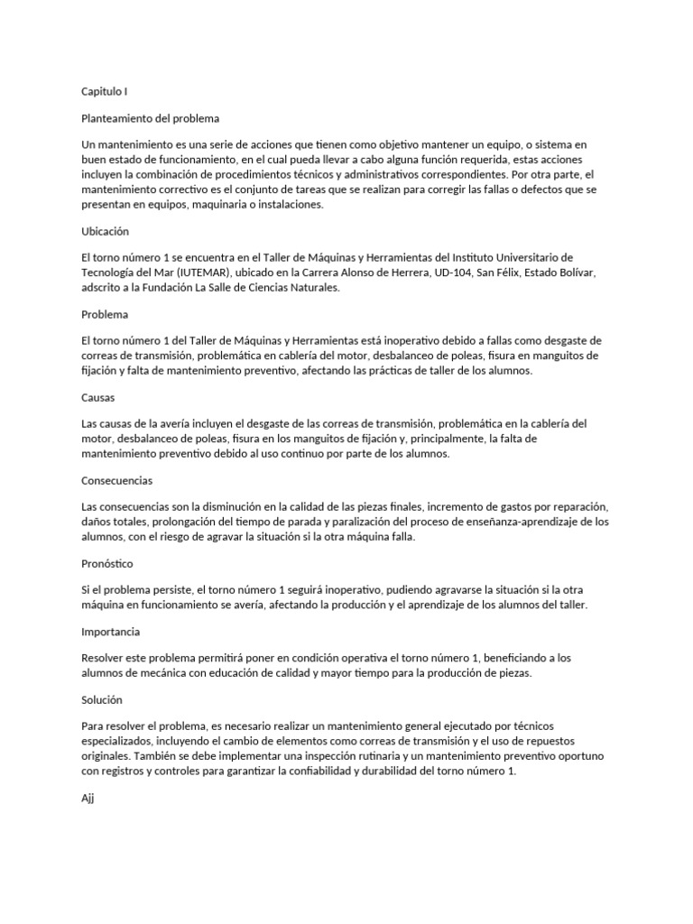 Mantenimiento del Torno 1 en IUTEMAR | PDF | Ingeniería de confiabilidad