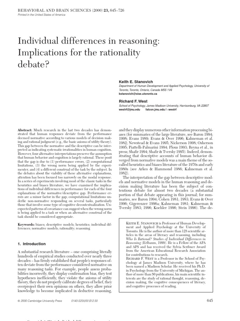 Individual Difference in Reasoning | PDF | Heuristics In Judgment And ...