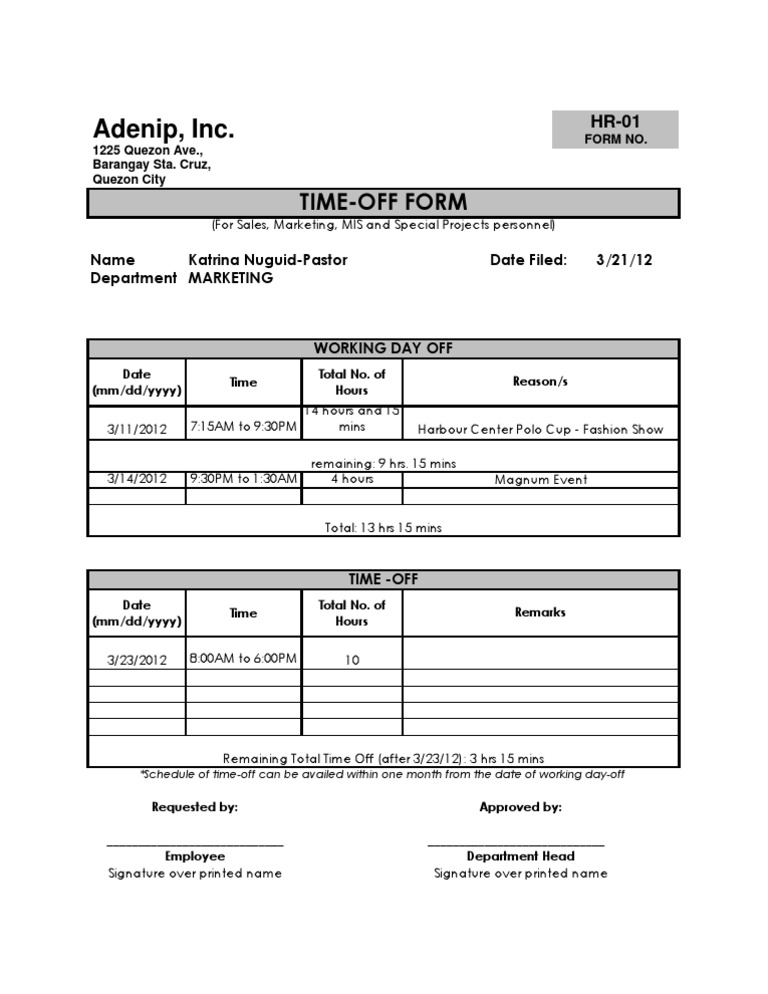 Time-Off Request Form for Employees | PDF