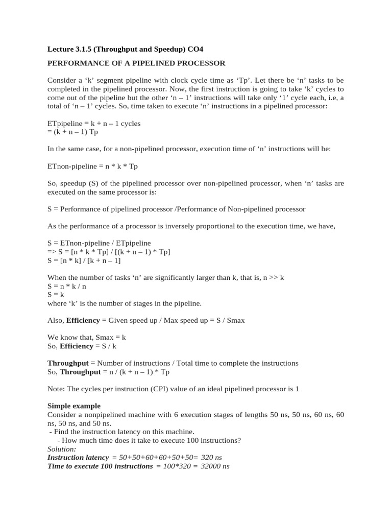 Throughput and Speedup in Pipelining | PDF | Hertz | Central Processing ...
