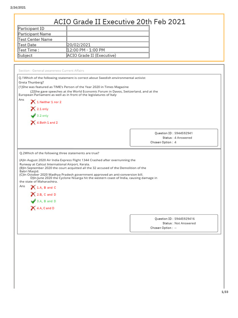 Ib Acio Tier I 2022 Feb 20 Shift 2 Previous Year Question Papers | PDF