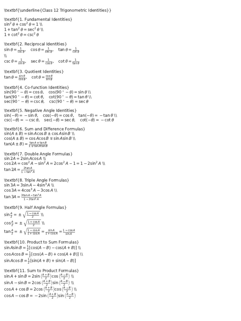 Typeset Trigonometric Identities Class12 | PDF