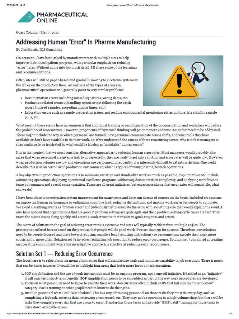 Addressing Human - Error - in Pharma Manufacturing | PDF | Cognitive ...