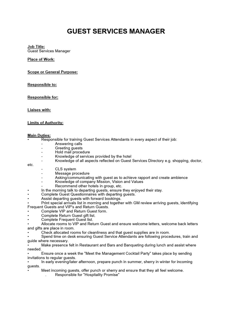 JOB HOTEL MODULE Guest SVC MGR | PDF