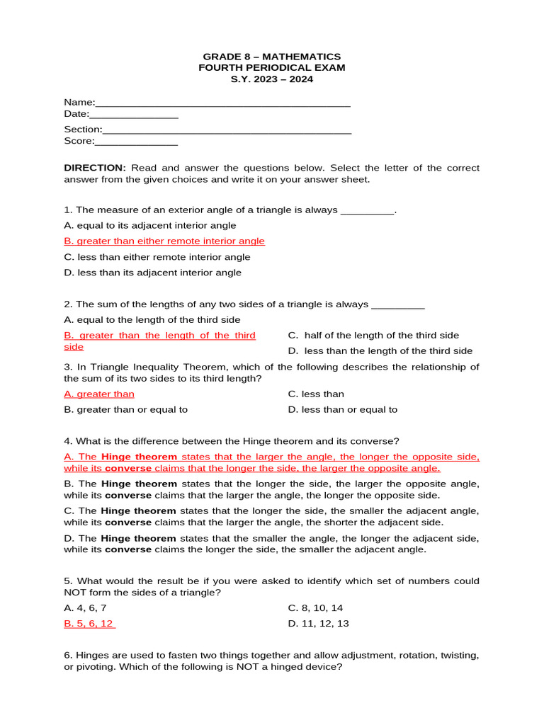 4TH Periodical Exam Answer Key | PDF | Triangle | Perpendicular
