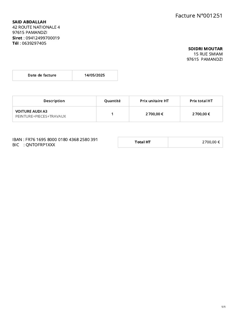 Facture Audi A3 - N°001251 | PDF