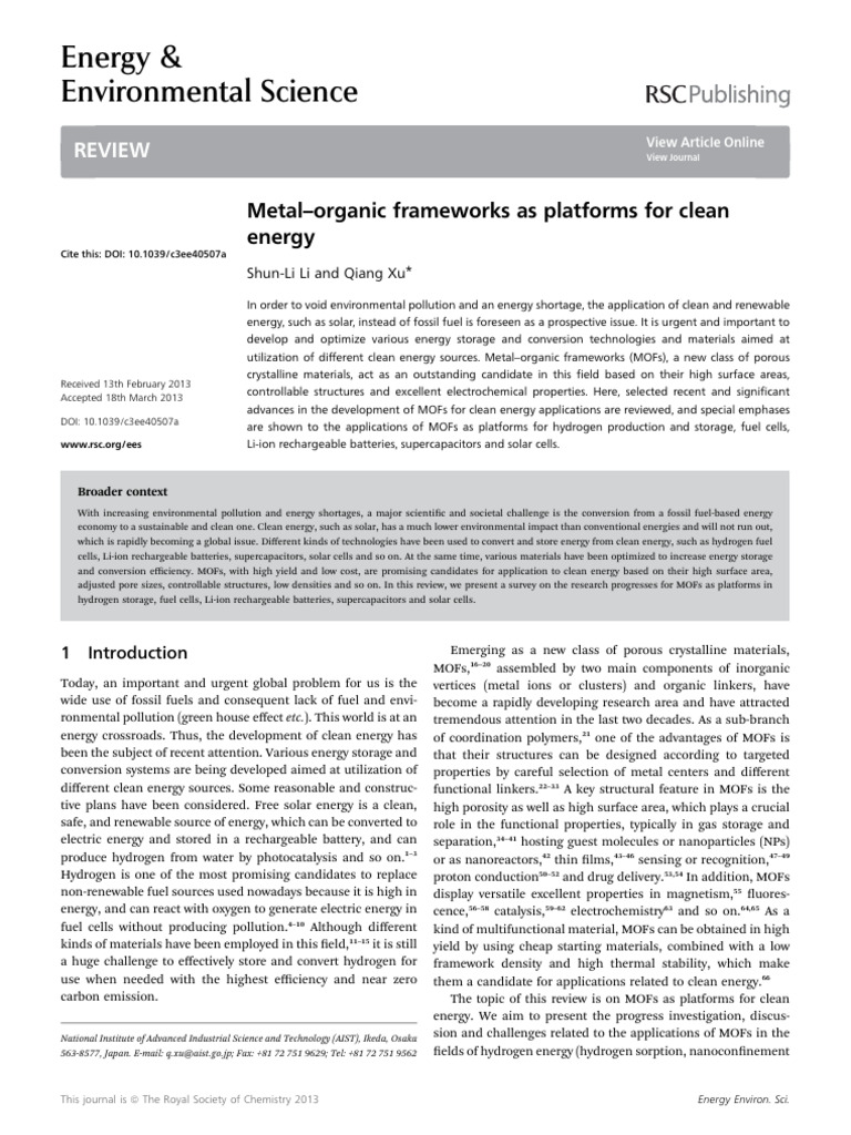 Metal-Organic Frameworks As Platforms For Clean Energy | PDF ...