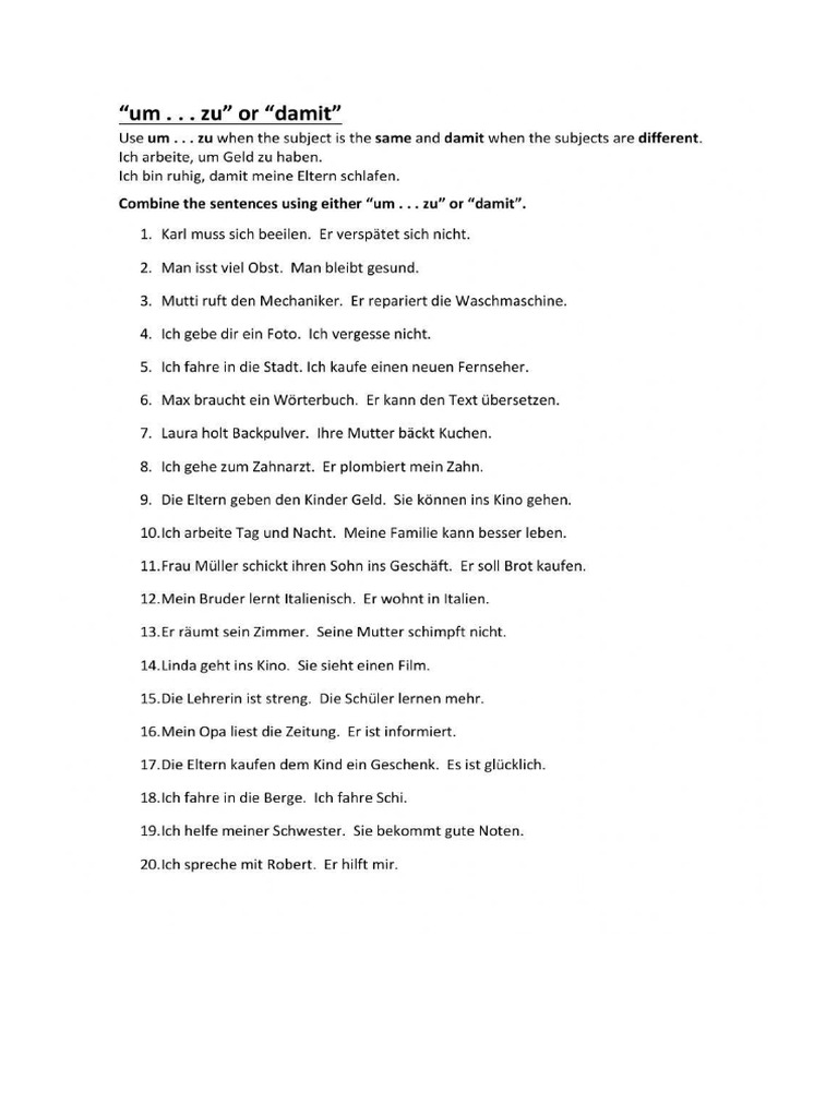 Worksheet Um Zu Damit | PDF