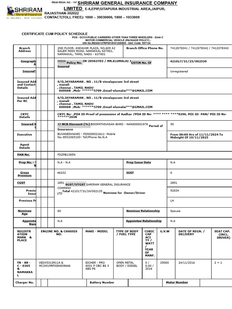 Shriram General Insurance Policy Schedule | PDF | Deductible | Insurance