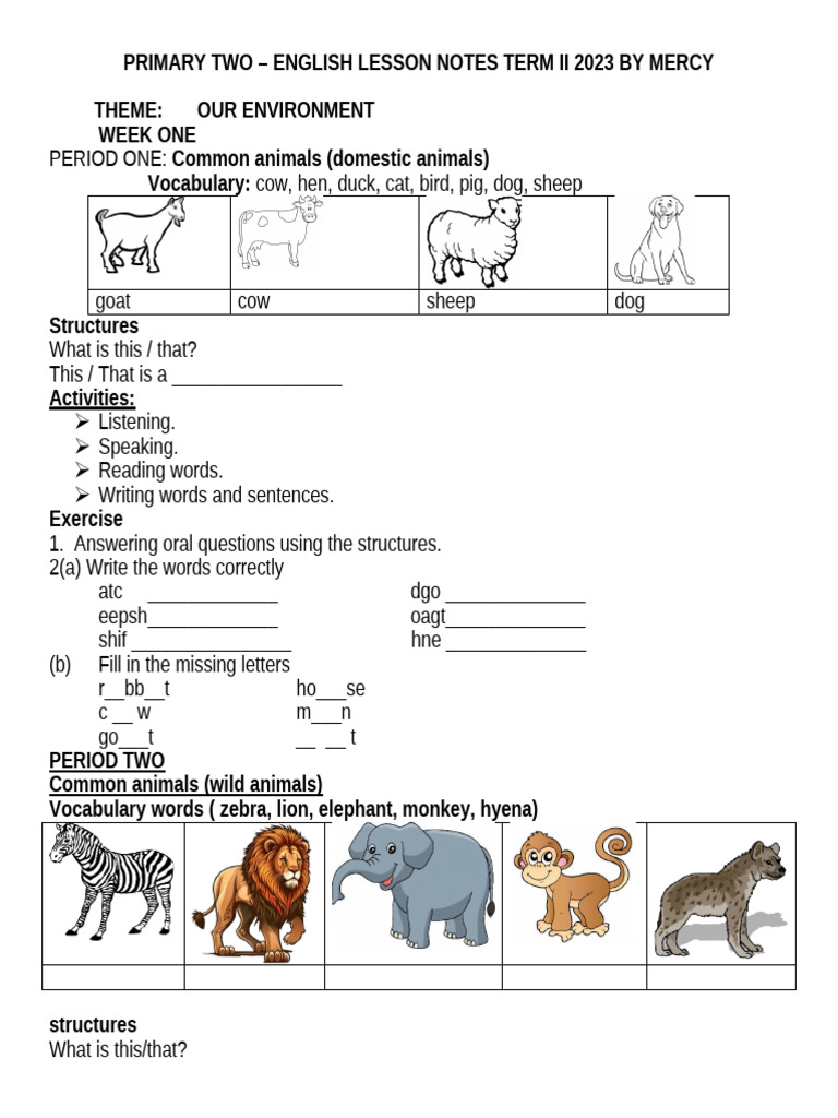 Primary Two English Notes Term II 2023 | PDF | Insects | Vocabulary