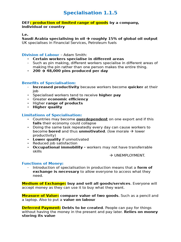 Benefits and Limitations of Specialisation | PDF
