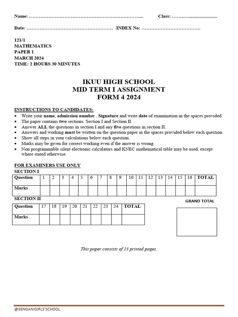 Form 4 Mathematics Mid Term Exam 2024 | PDF | Mathematics