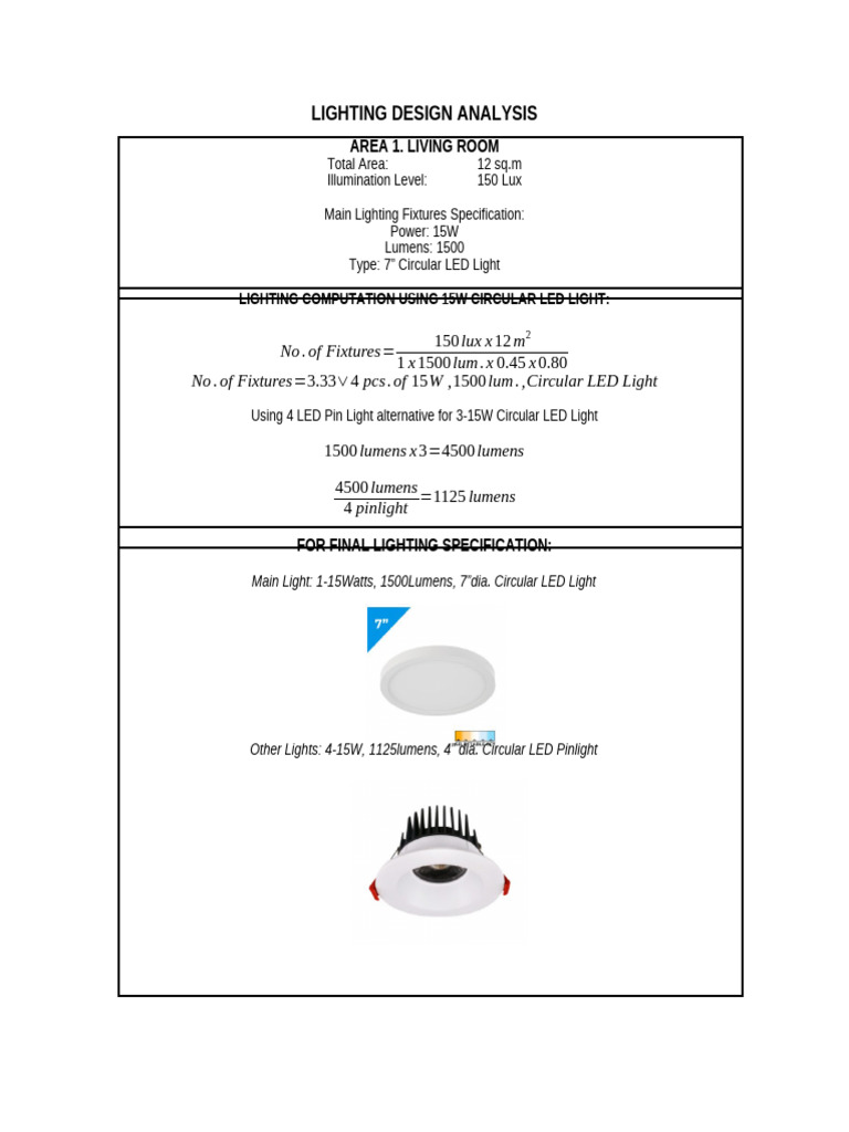 Living Room Lighting Design Analysis | PDF