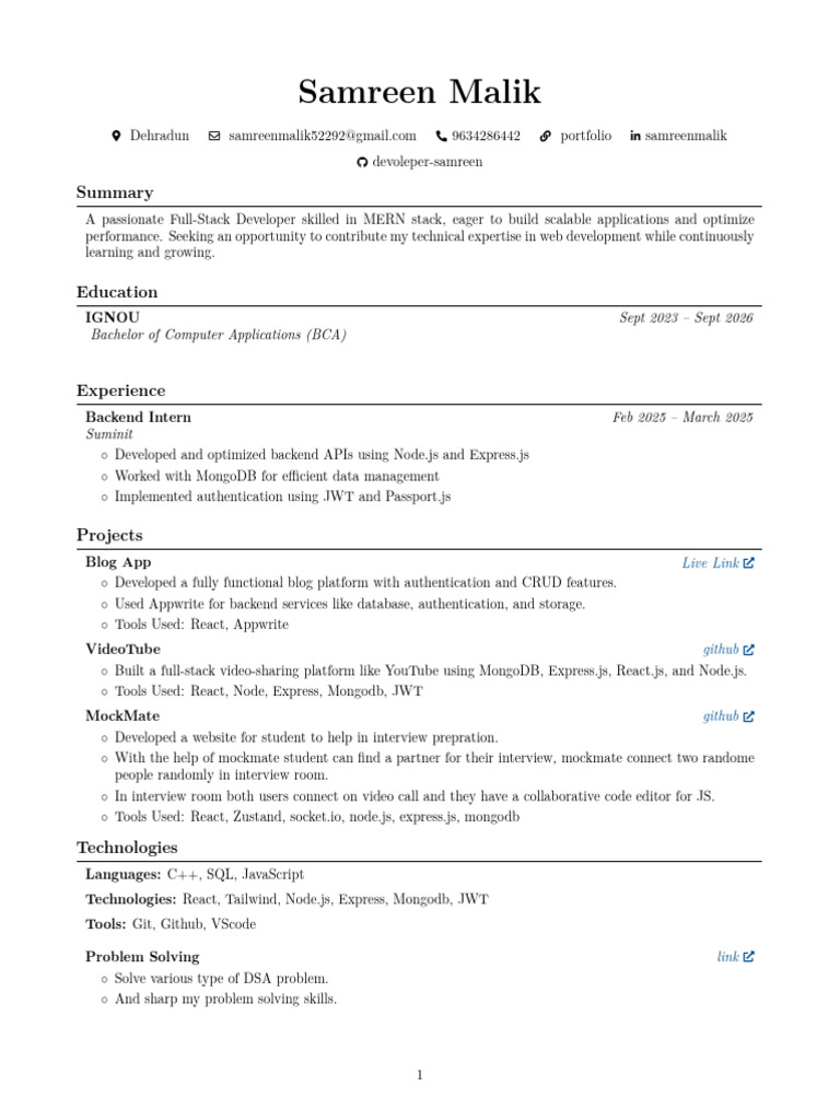 Samreen Malik: Full-Stack Developer Profile | PDF
