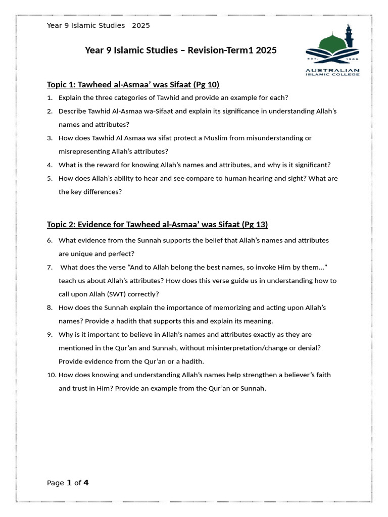 Year 9 Islamic Studies Revision Guide | PDF | Monotheism | Monotheistic ...