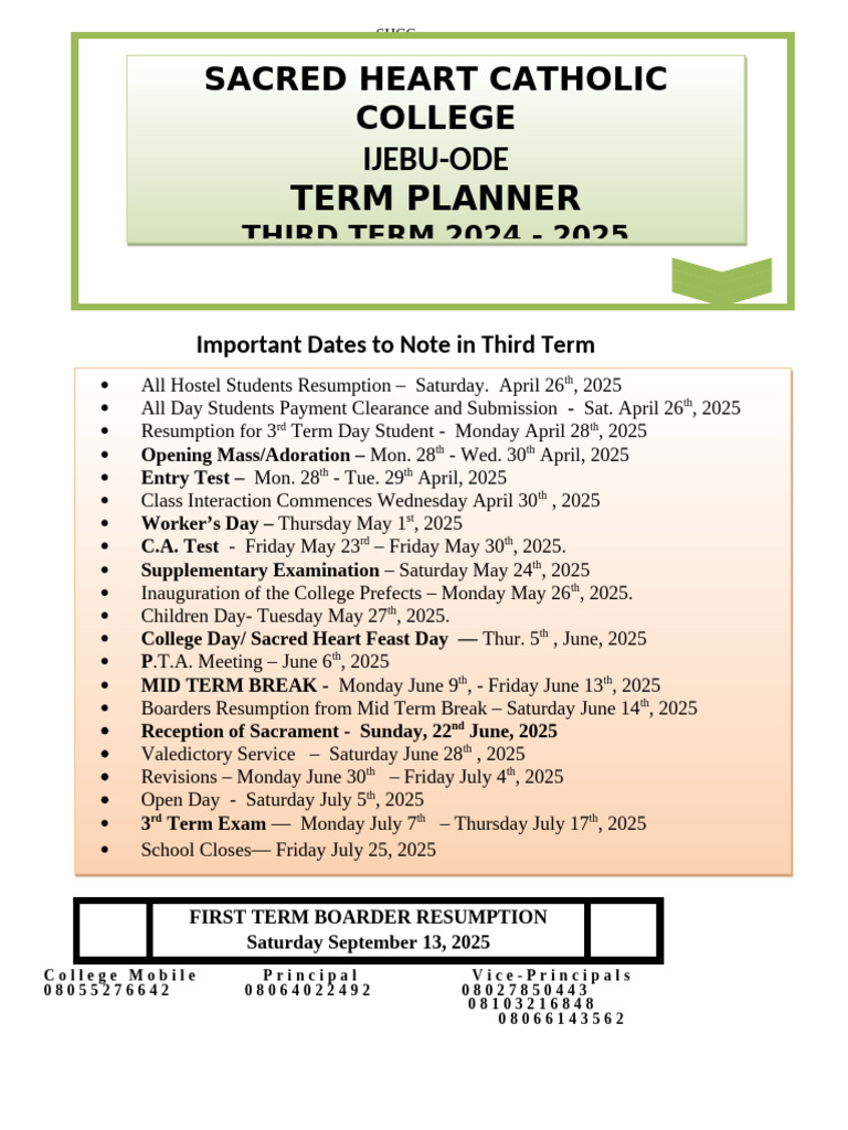 Sacred Heart Term Dates