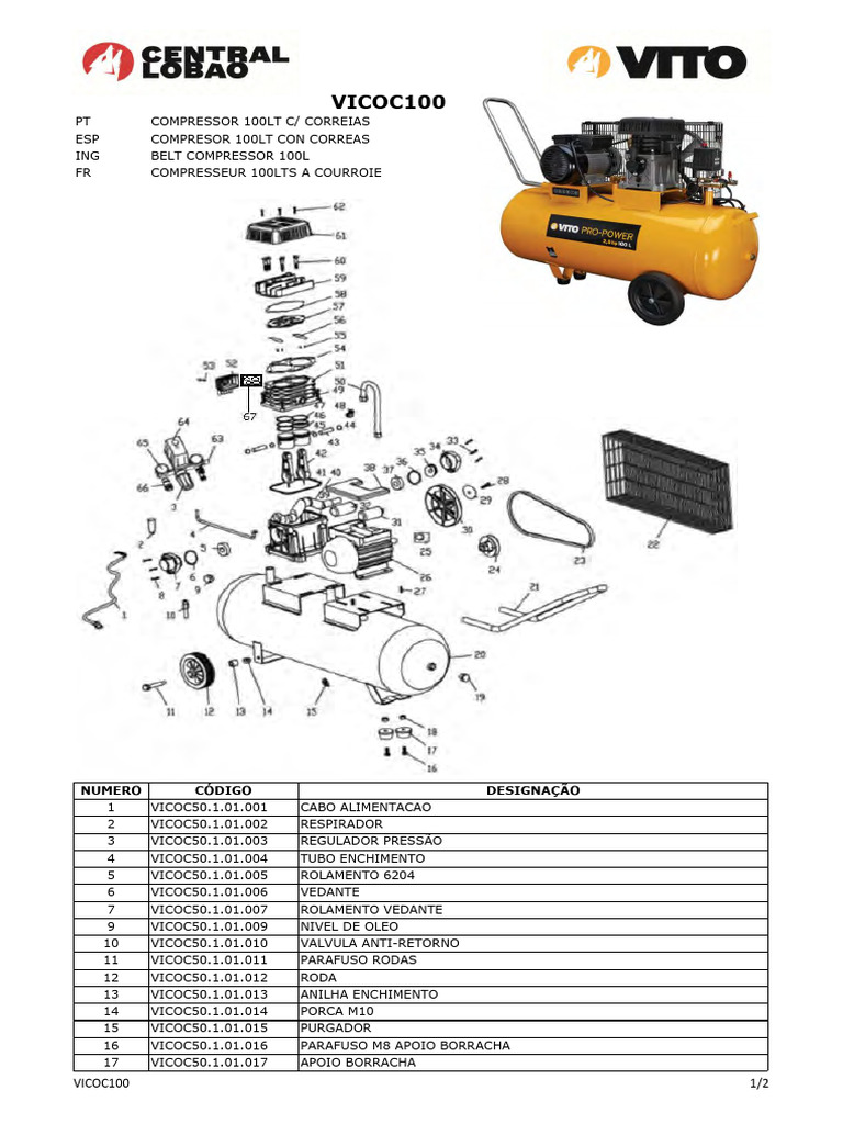 Compressor 100L com Correias e Peças | PDF | Pistão | Propulsão