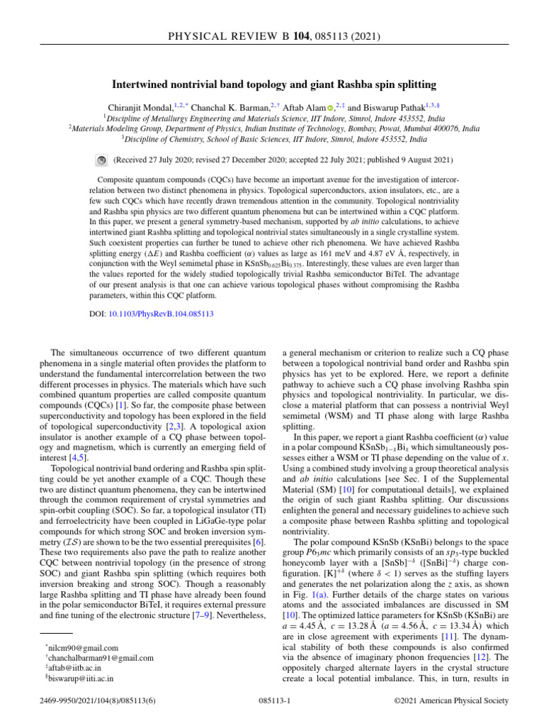 Rashba Spin Splitting in KSnSb Compounds | PDF | Spin (Physics) | Physics