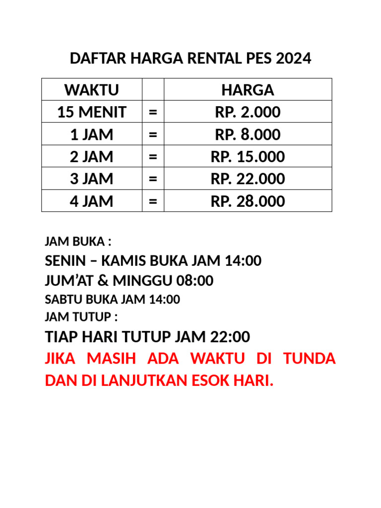 Harga Rental PES 2024 dan Jam Operasional | PDF