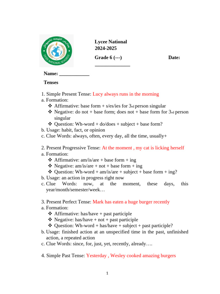 Tenses Notes | PDF | Perfect (Grammar) | Grammatical Tense