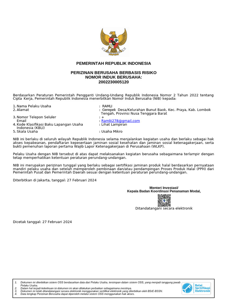 NIB Usaha Mikro Ramli di Lombok Tengah | PDF