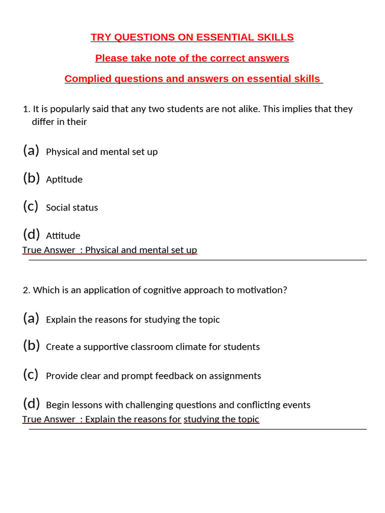 Essential Skills Quiz Questions and Answers | PDF | Teachers | Learning