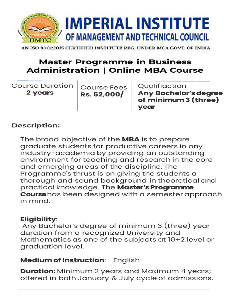 Master Programme in Business Administration (MBA) | PDF | Master Of ...