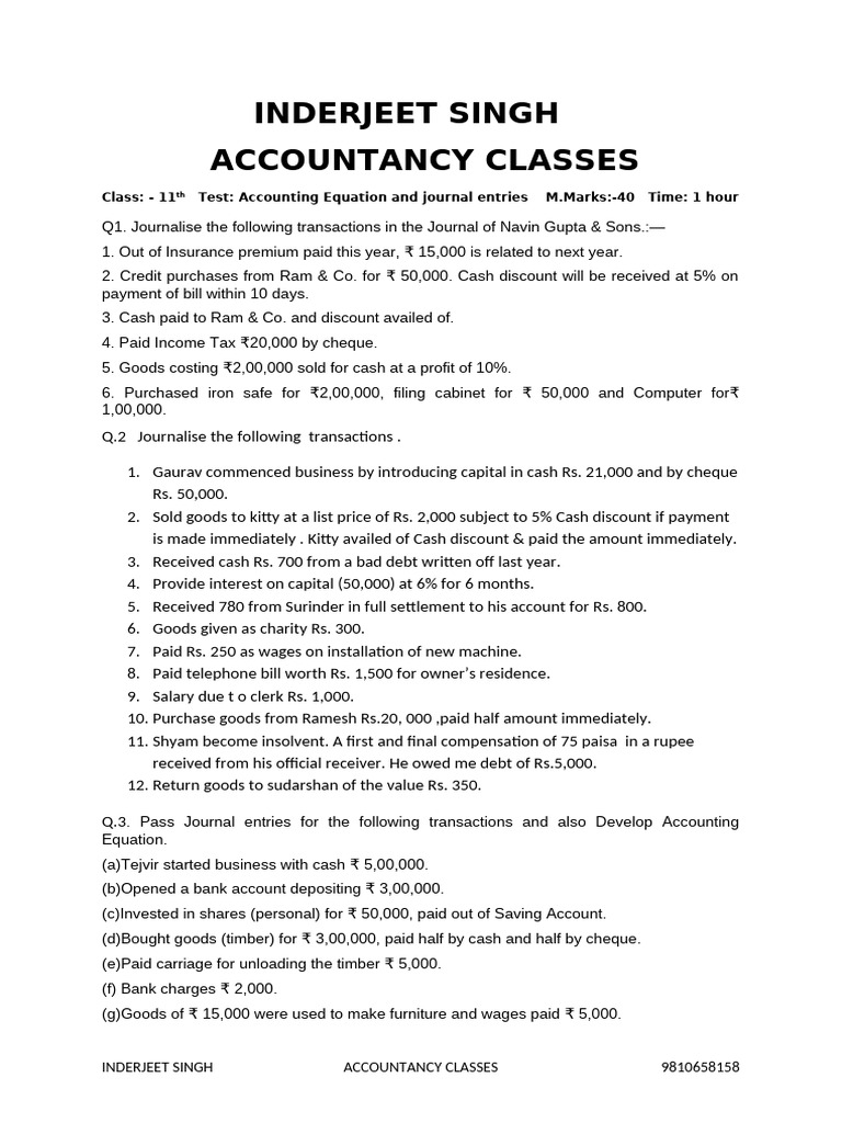 Journal Entries for Class 11 Accounting | PDF | Debits And Credits ...