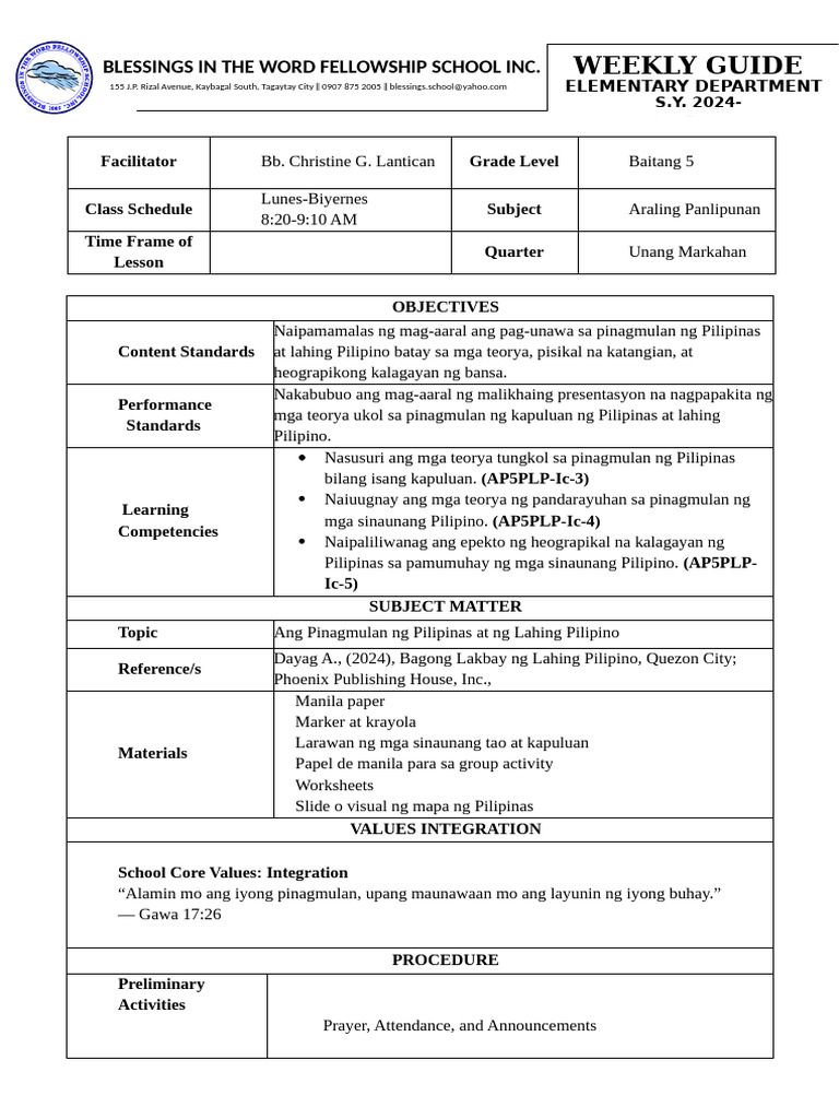 Weekly Guide Plan: Blessings in The Word Fellowship School Inc | PDF