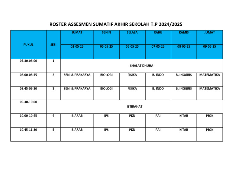 Roster Ujian Akhir Sekolah 2024/2025 | PDF