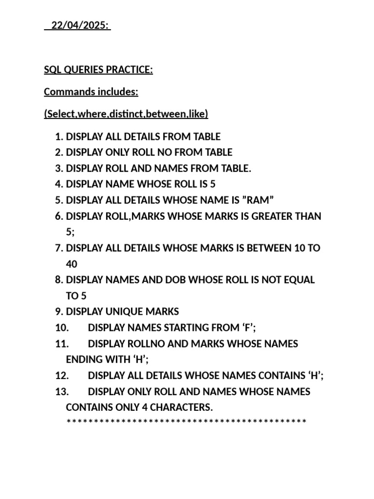 SQL Queries Practice Exercises | PDF