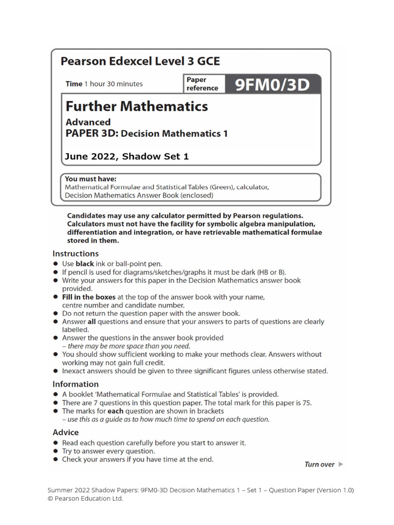 2206 9FM0-3D AL Decision Mathematics 1 June 2022 Shadow Paper (With ...