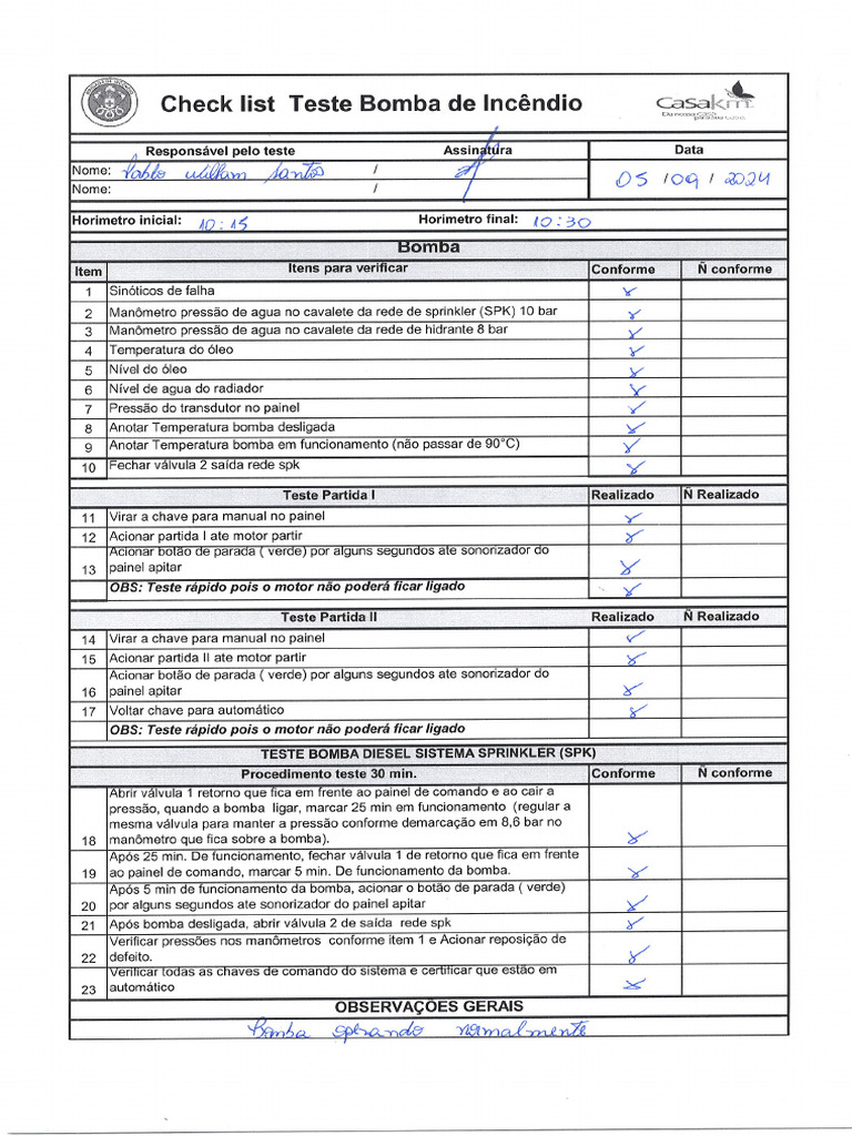 Check-List Teste de Bomba | PDF