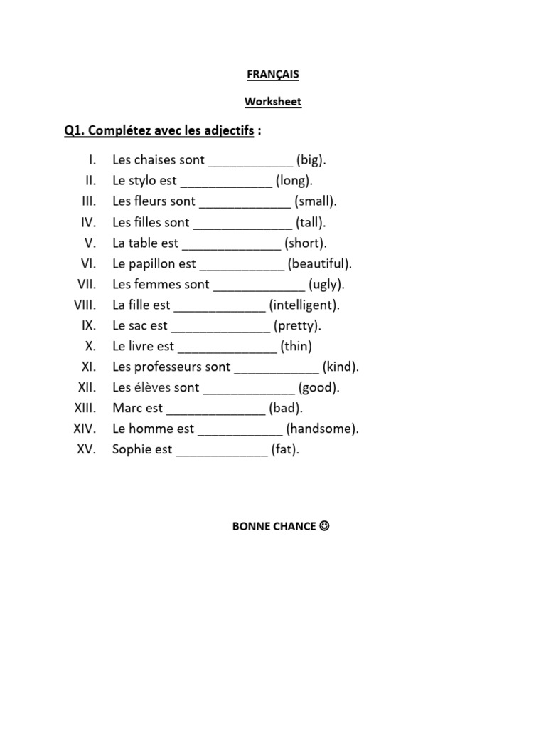 Adjectifs à compléter en français | PDF