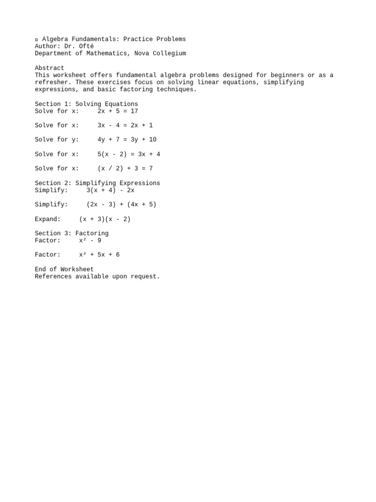 Algebra Practice Problems Worksheet | PDF