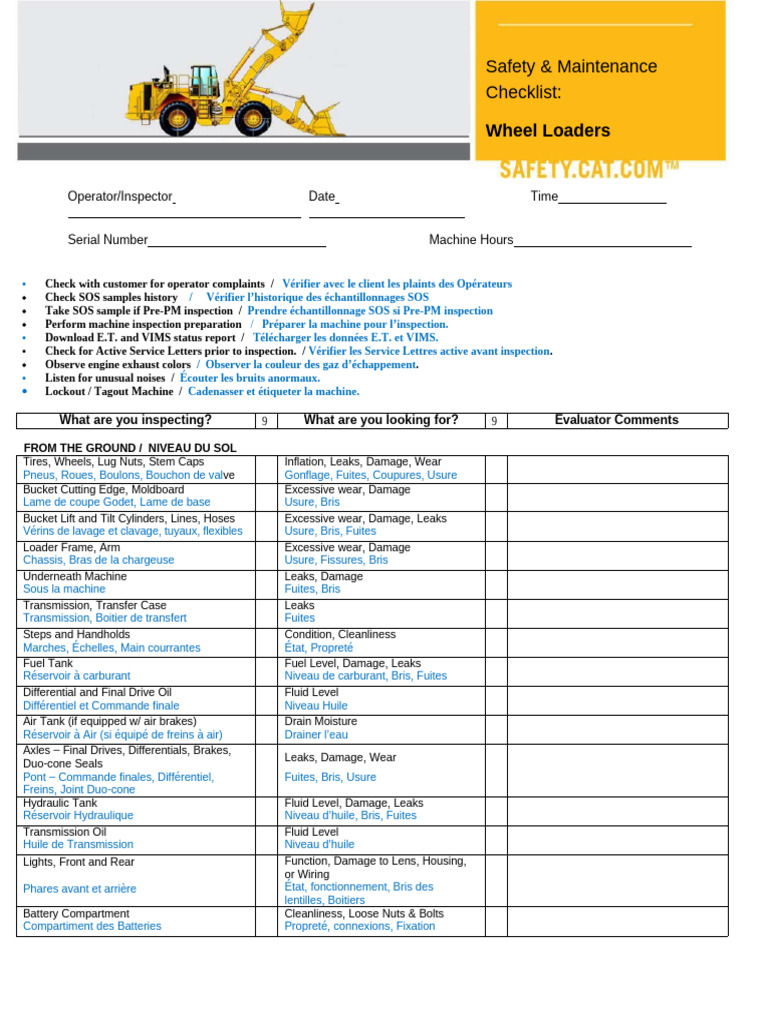 Safety & Maintenance Checklist - Wheel Loaders Eng French | PDF ...
