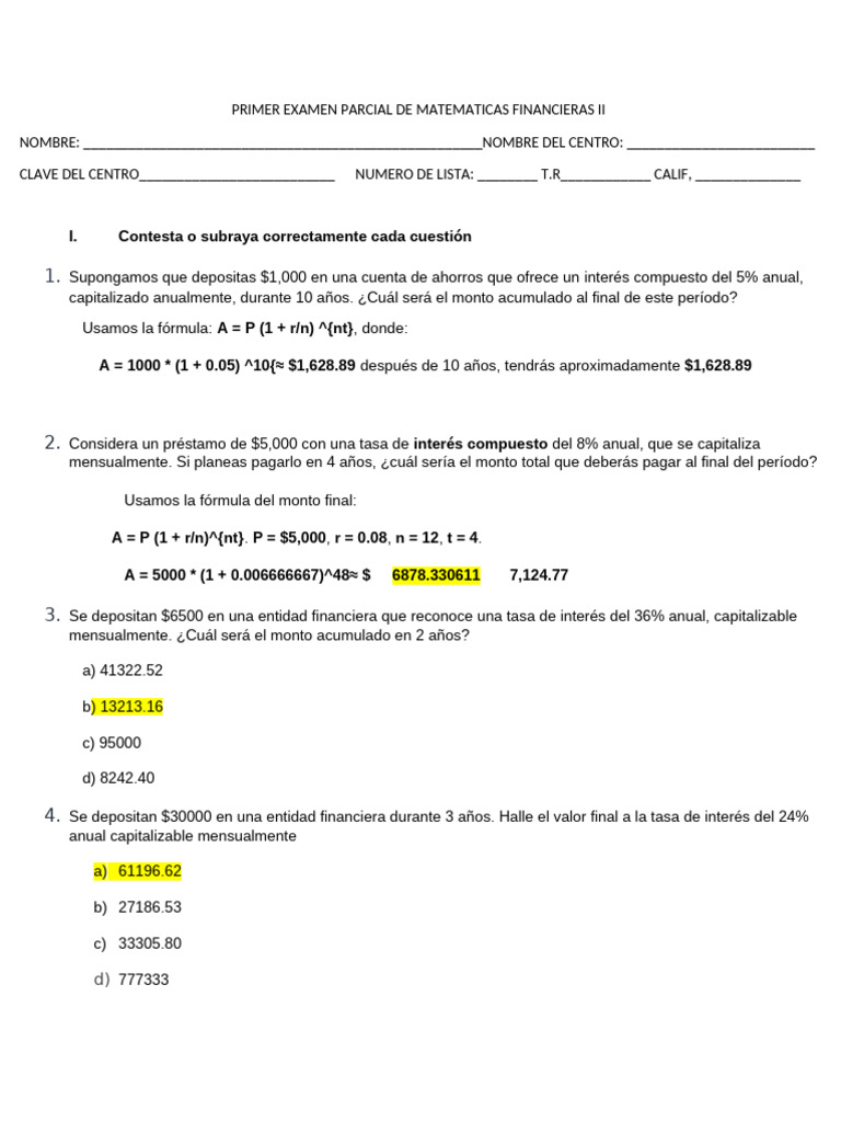 PRIMER Parcial de Matematicas Financieras | PDF | Interés | Interés ...