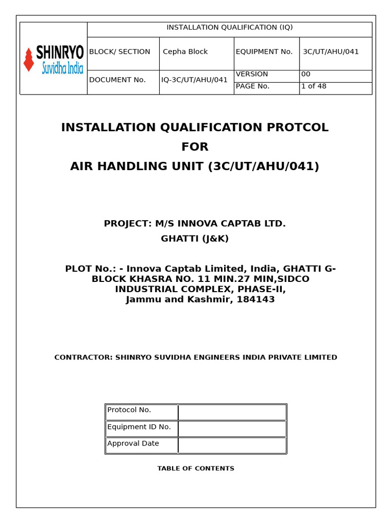 Installation Qualification Protocol for AHU | PDF | Verification And ...