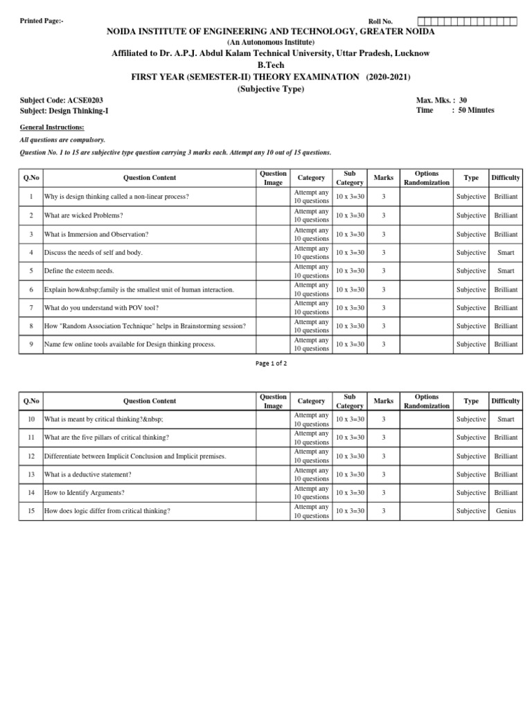 Design Thinking-I Exam Questions | PDF | Cognition | Epistemology