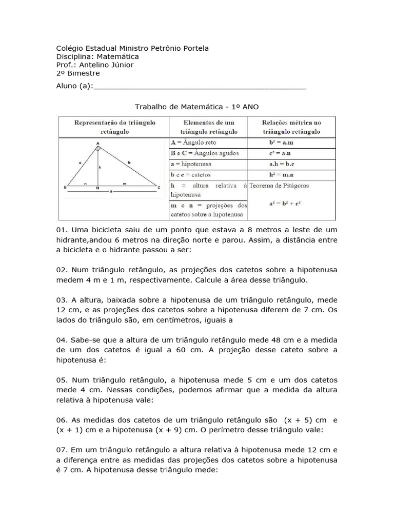 Exercícios de Relações Métricas 9º Ano | PDF
