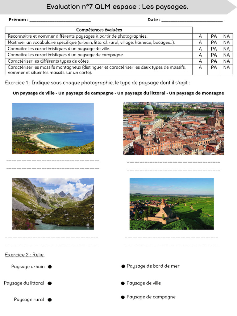 Évaluation des types de paysages CE2 | PDF | Paysage | Zone rurale