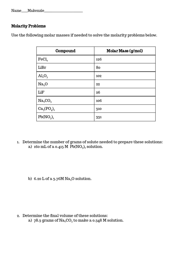 Molarity Problems PAP | PDF