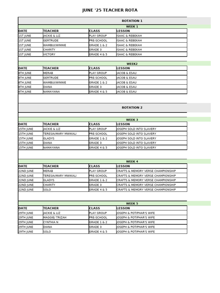 June '25 Teacher Rota | PDF | Rebecca | Isaac