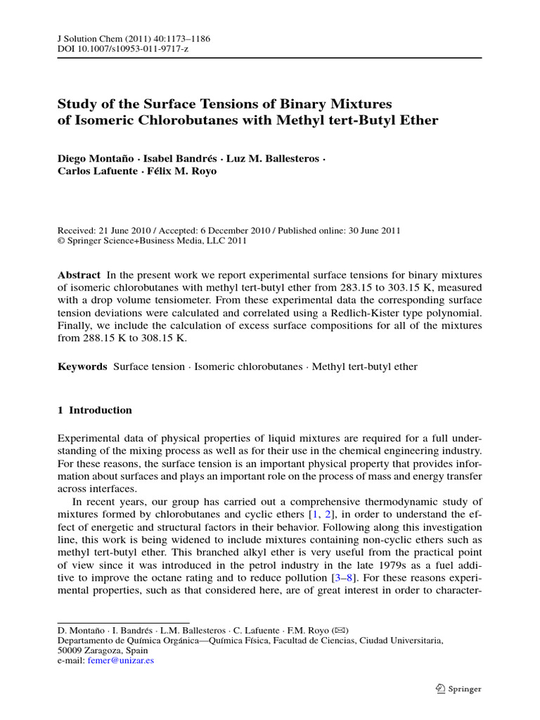 Surface Tensions of Chlorobutane Mixtures | PDF | Surface Tension | Isomer
