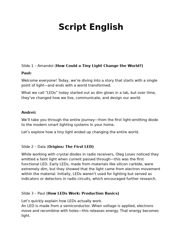 Script English | PDF | Light Emitting Diode | Manufactured Goods